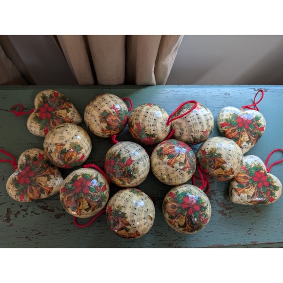 Lot 14 Christmas Ornaments Decoupage Sheet Music Balls And Hearts - Picture 1 of 6